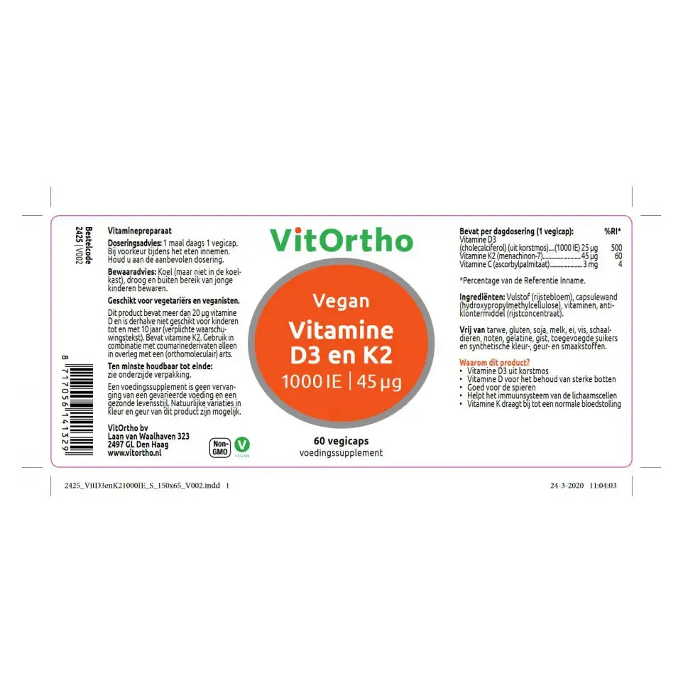 Vitortho Vitamine D3 25 mcg K2 45 mcg 60 vcaps