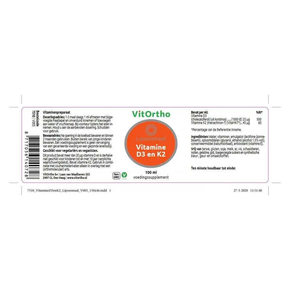 VitOrtho Vitamine D3 en K2 liposomaal 100 ml