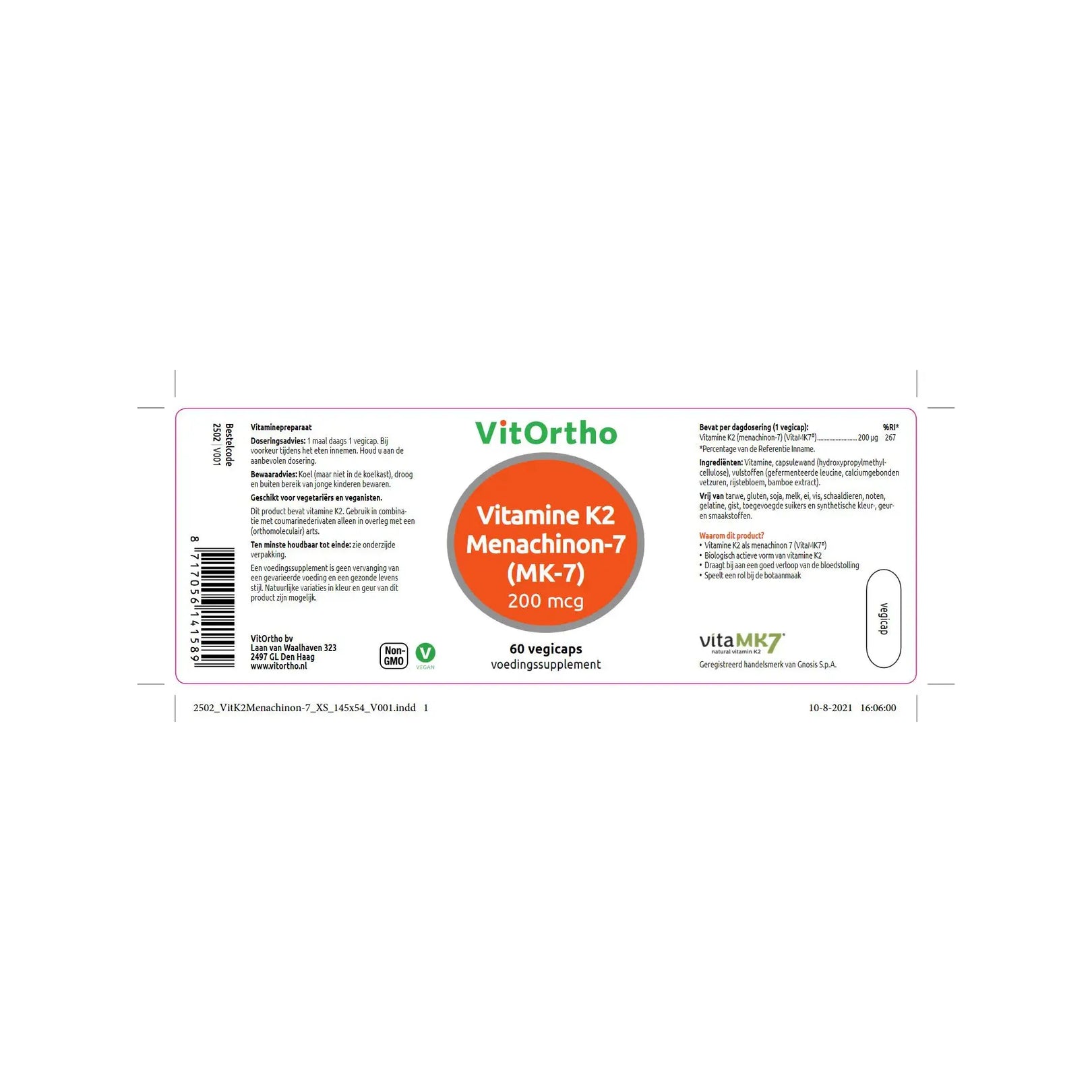 VitOrtho Vitamine K2 menachinon 7 200 mcg 60 vcaps