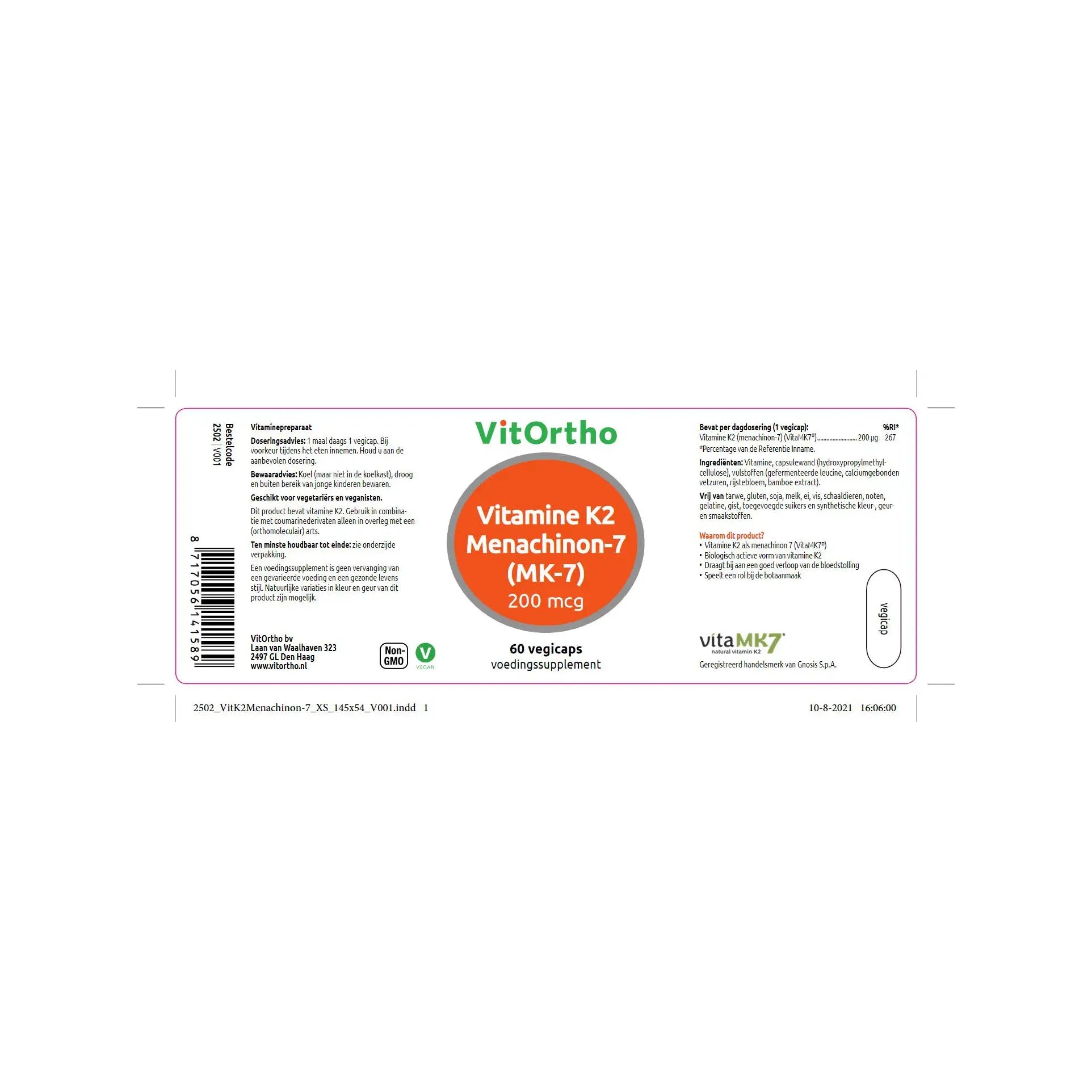 VitOrtho Vitamine K2 menachinon 7 200 mcg 60 vcaps