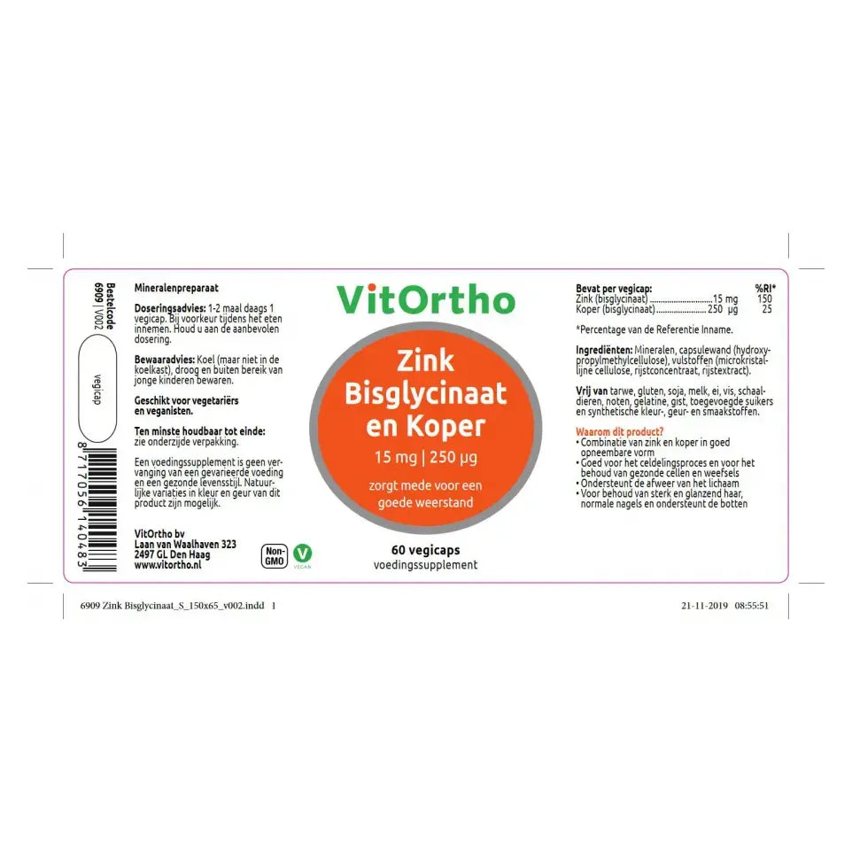 VitOrtho Zink bisglycinaat 15 mg en koper 250 mcg 60 vcaps