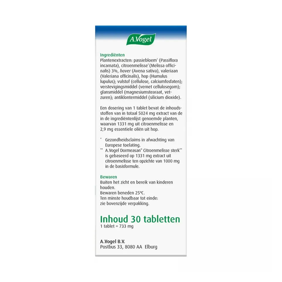 A.Vogel Dormeasan citroenmelisse nachtrust sterk 30 tabletten