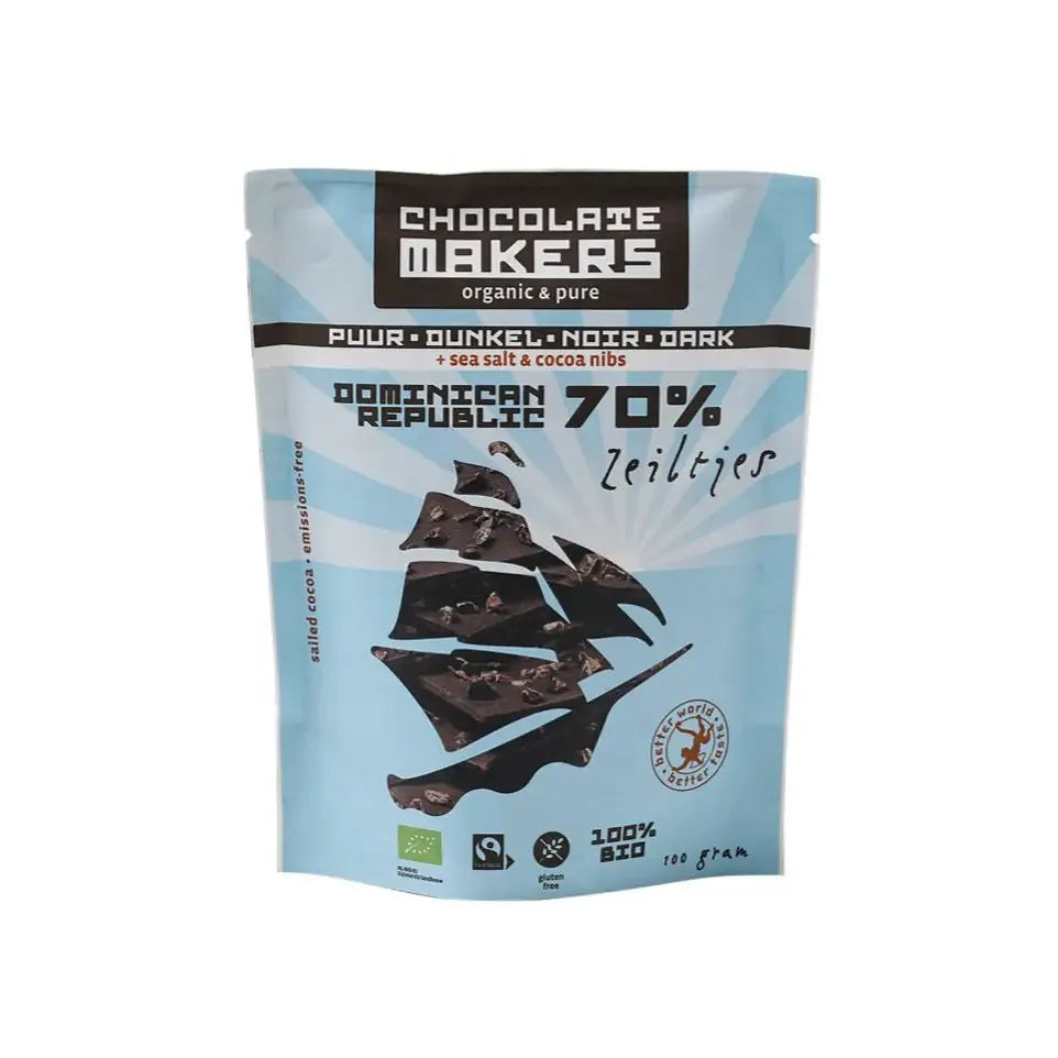 Chocolatemakers Bio chocozeiltjes puur 70% met zeezout en nibs