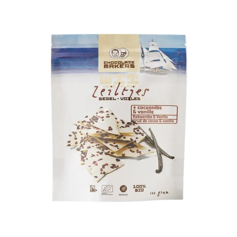 Chocolatemakers Bio chocozeiltjes wit vanille met cacaonibs 100