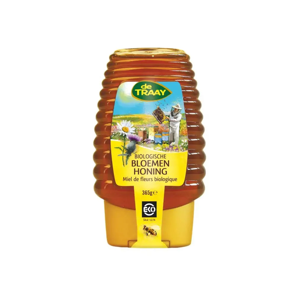 De Traay Bloemenhoning knijpfles biologisch 375 gram