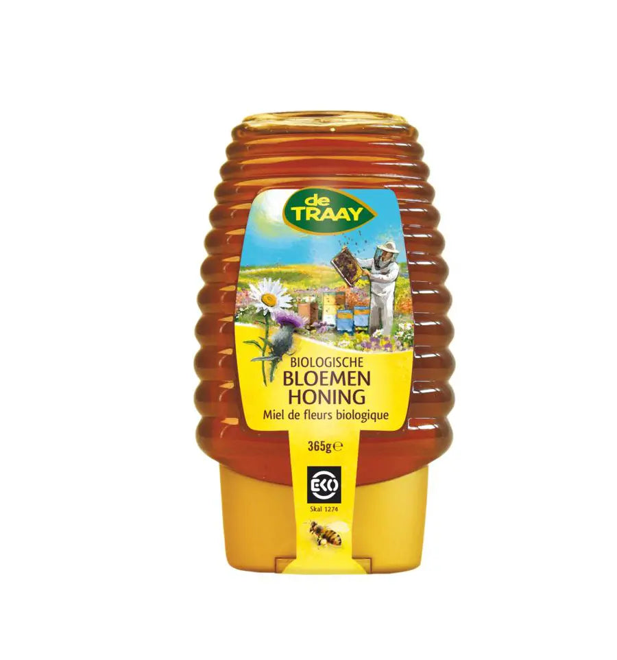 De Traay Bloemenhoning knijpfles biologisch 375 gram