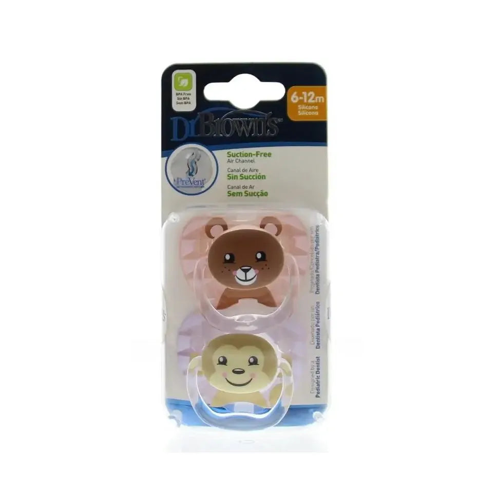 DR Brown's Fopspeen prevent animal faces F2 roze 2 stuks