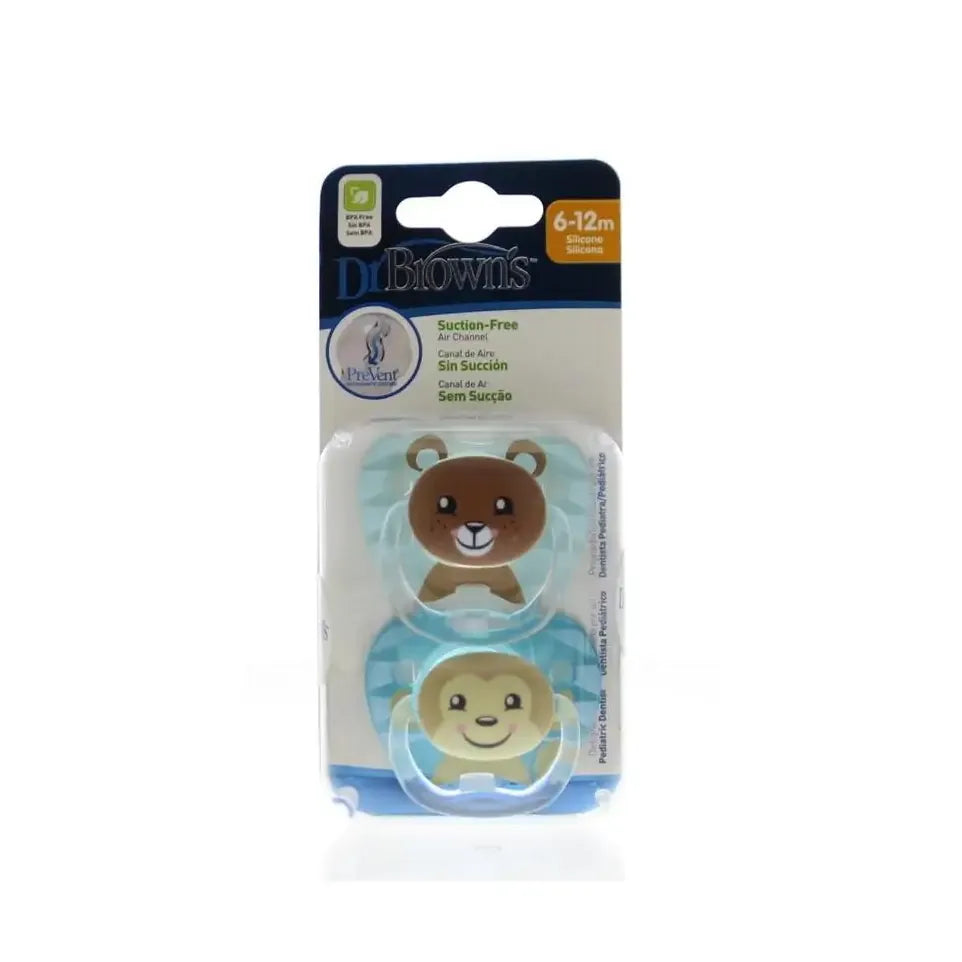 DR Brown's Fopspeen prevent animal faces F2 blauw 2 stuks