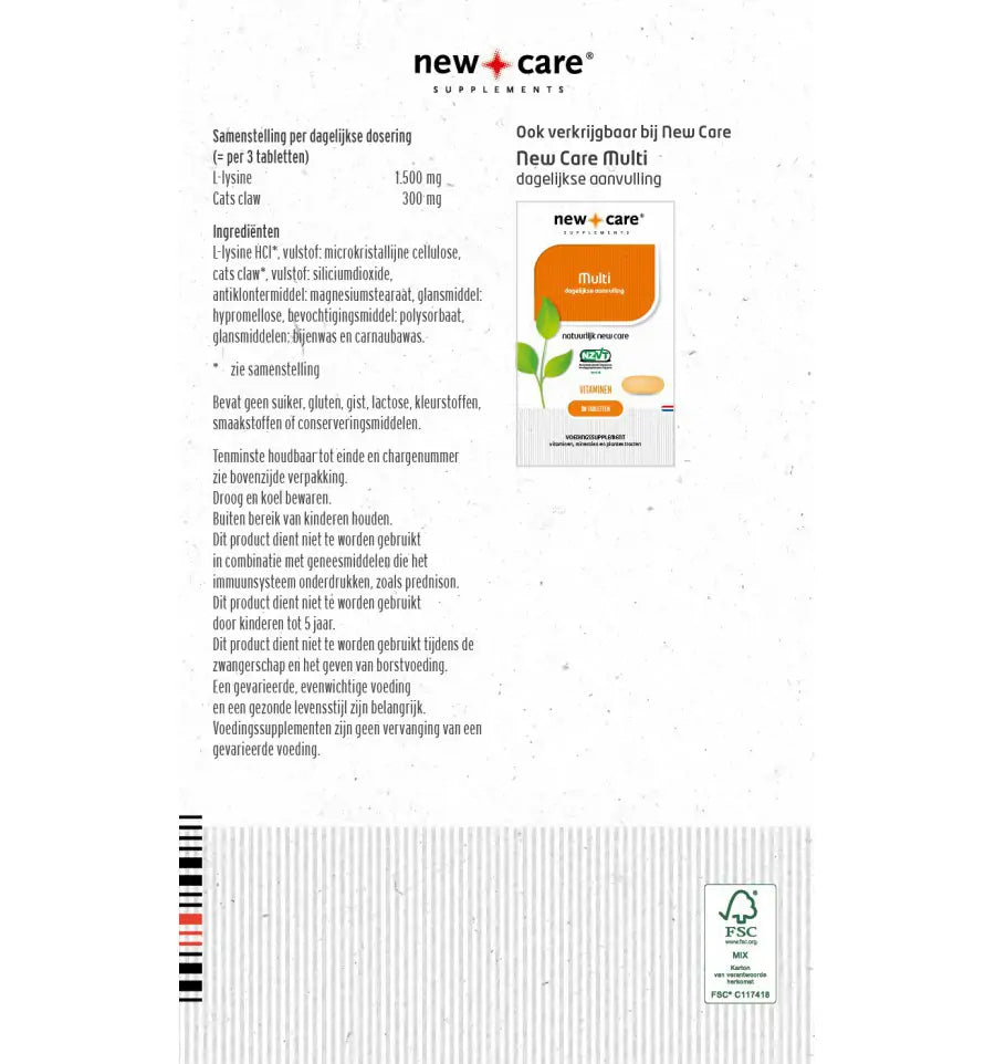 New Care L-Lysine cats claw 60 tabletten (afbeelding 2)