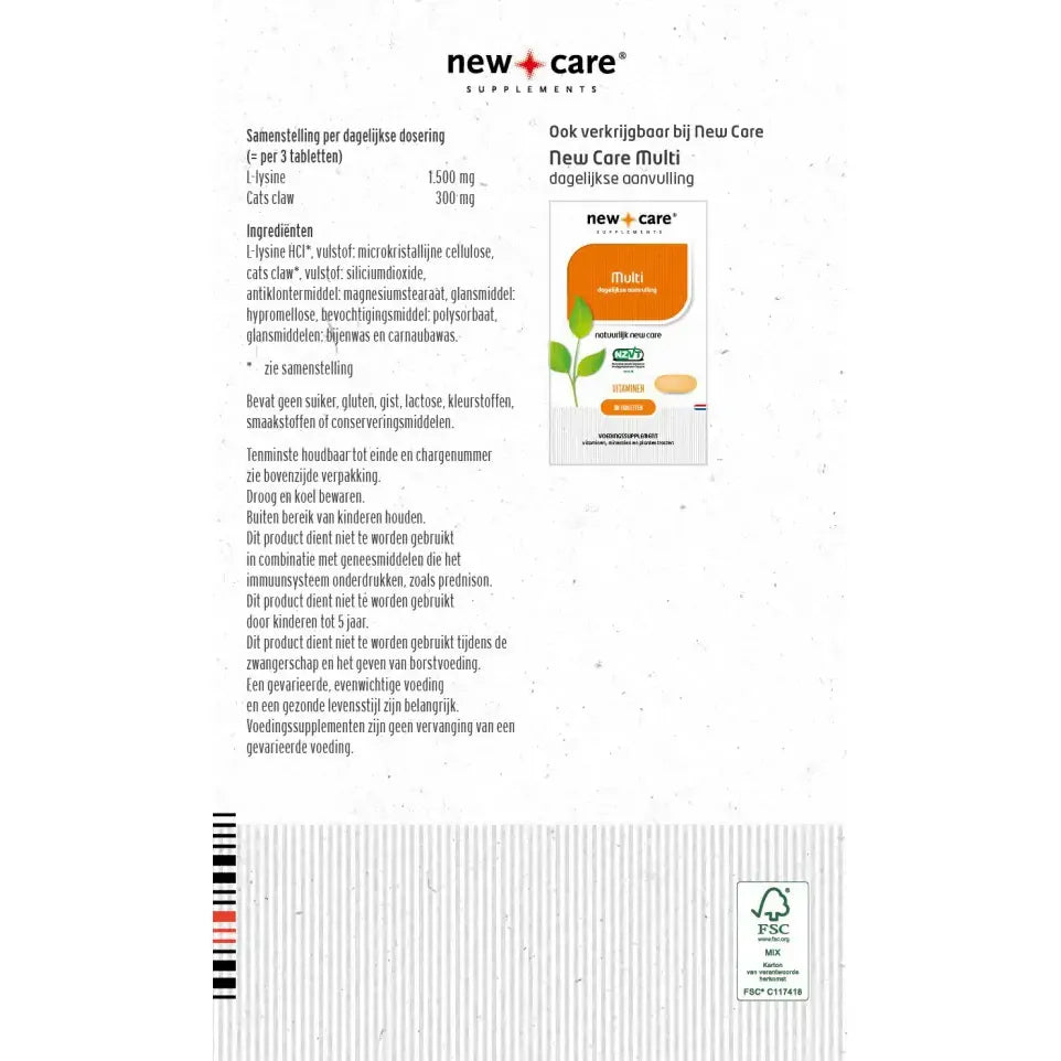 New Care L-Lysine cats claw 60 tabletten (afbeelding 2)