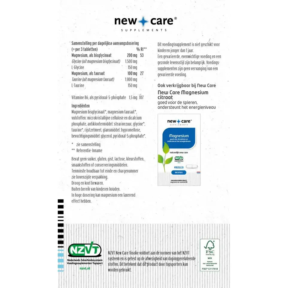 New Care Magnesium bisglycinaat tauraat 60 tabletten