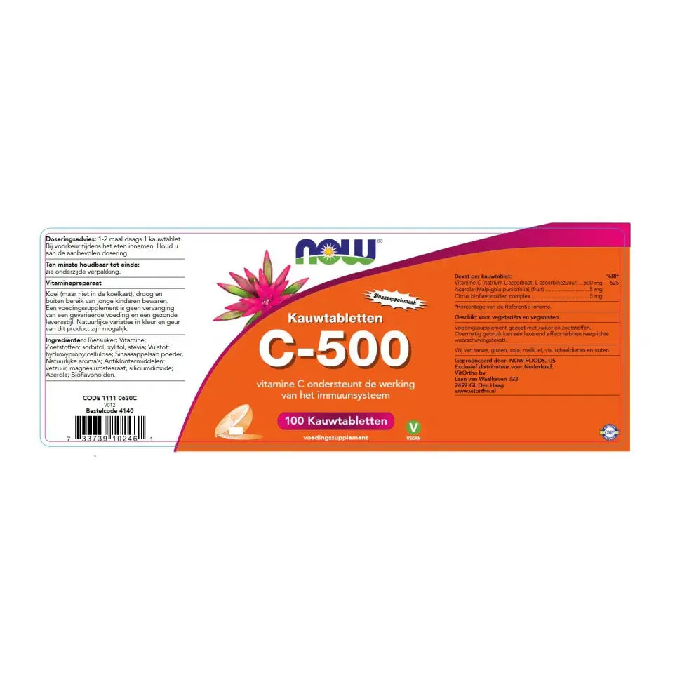 NOW C-500 sinaasappelsmaak 100 kauwtabletten