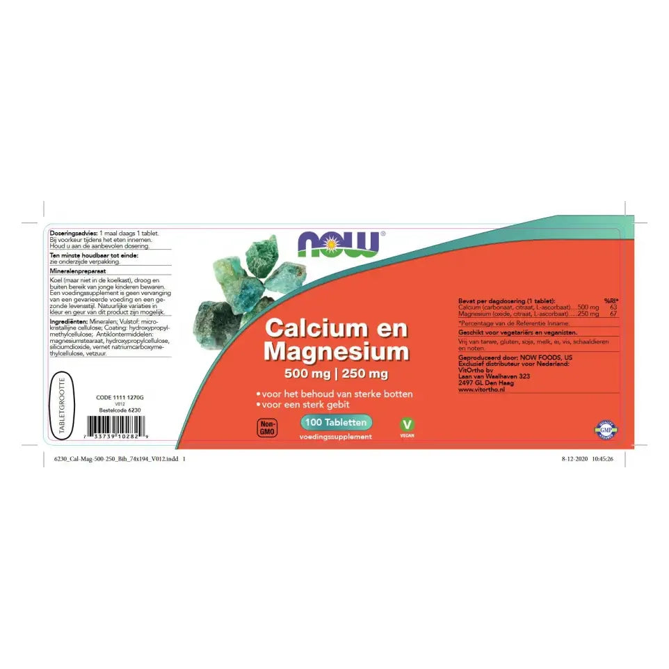 NOW Calcium 500 mg en magnesium 250 mg 100 tabletten