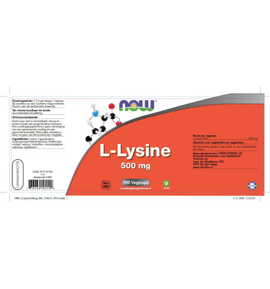 NOW L-Lysine 500 mg 100 vcaps (afbeelding 2)