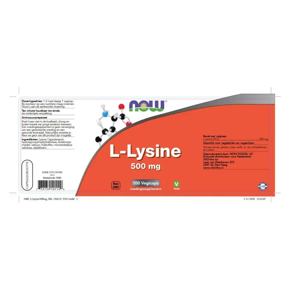 NOW L-Lysine 500 mg 100 vcaps (afbeelding 2)