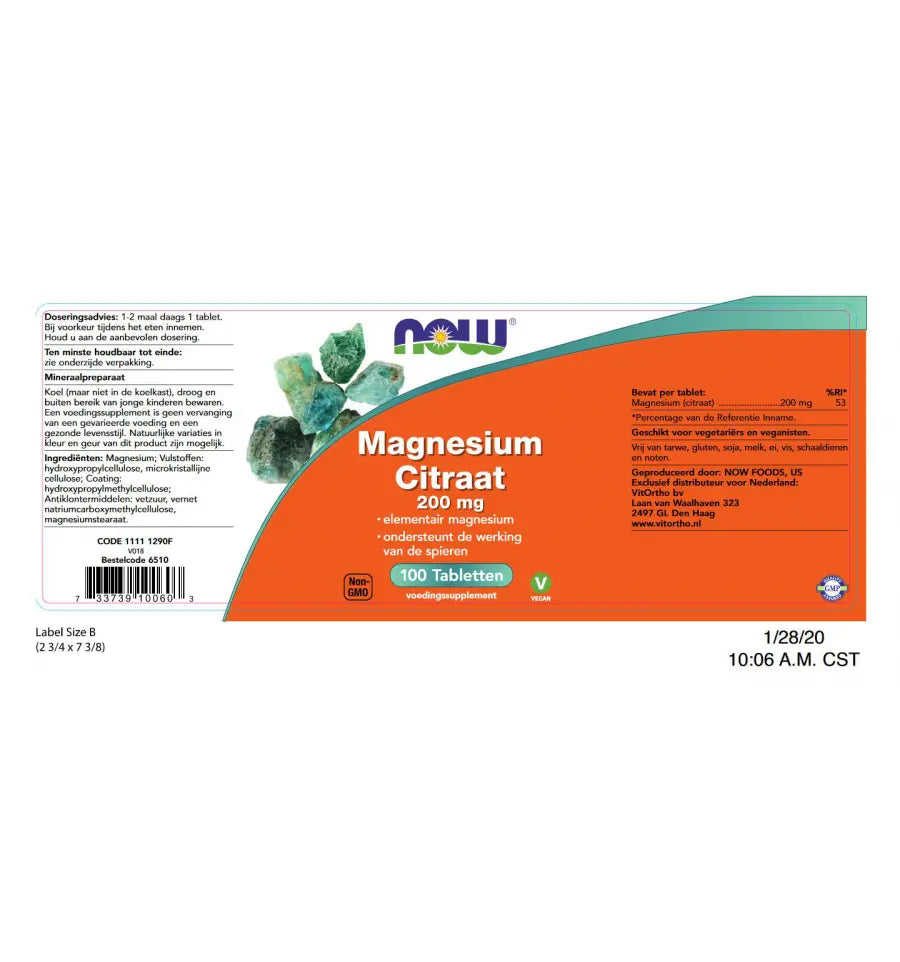 NOW Magnesium citraat 200 mg 100 tabletten (afbeelding 2)