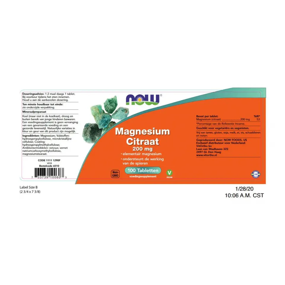 NOW Magnesium citraat 200 mg 100 tabletten (afbeelding 2)