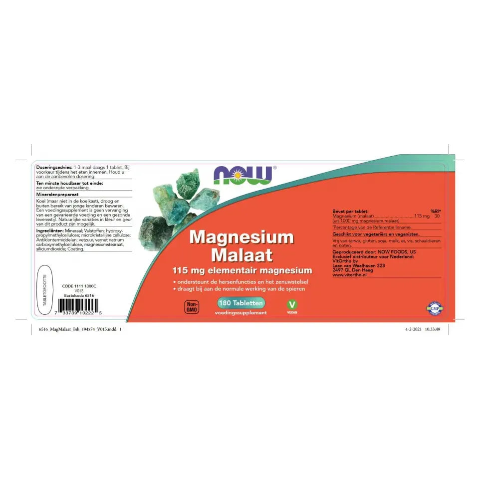 NOW Magnesium malaat 115 mg 180 tabletten