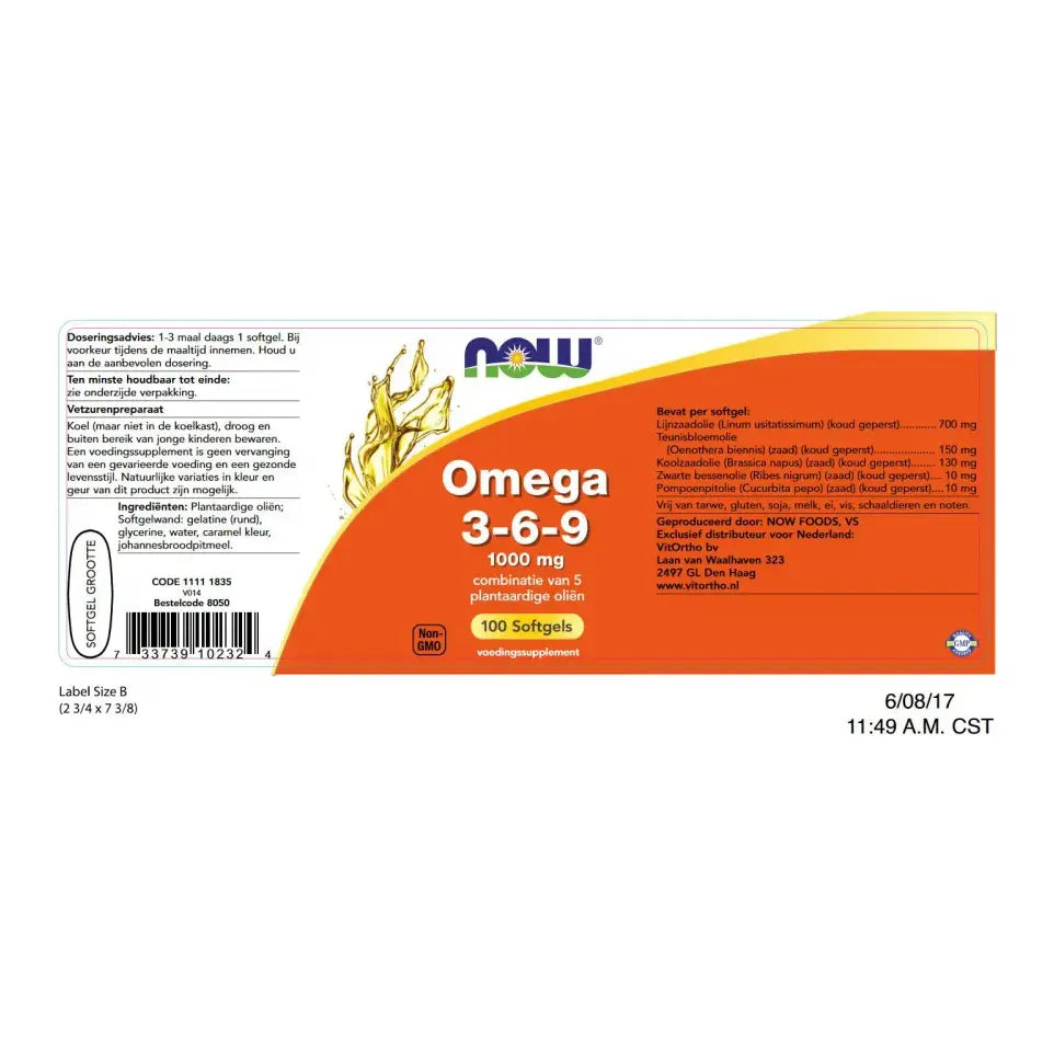 NOW Omega 3-6-9 1000 mg 100 softgels (afbeelding 2)
