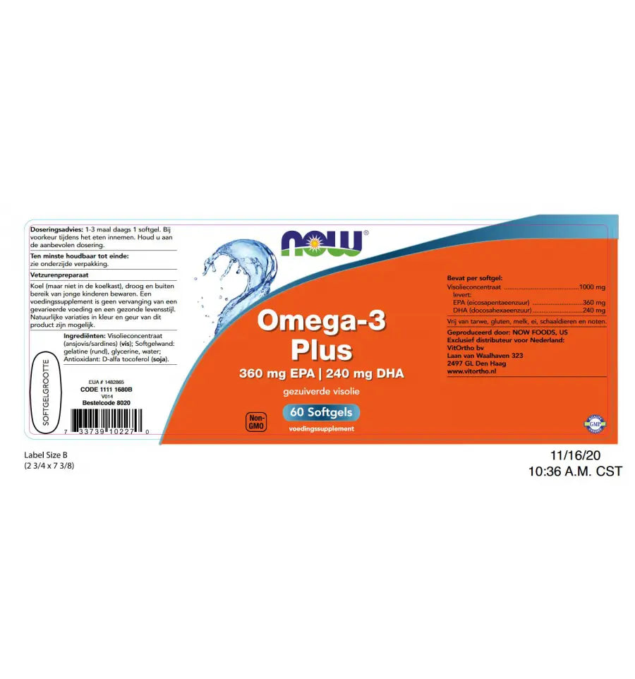 NOW Omega-3 Plus 360 mg EPA 240 mg DHA 60 softgels (afbeelding 2)