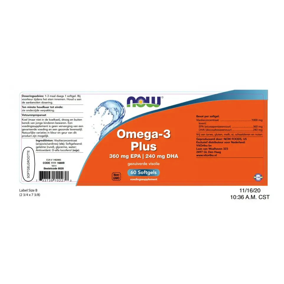 NOW Omega-3 Plus 360 mg EPA 240 mg DHA 60 softgels (afbeelding 2)