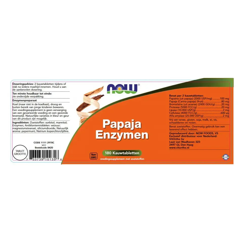 NOW Papaya enzymen 180 kauwtabletten