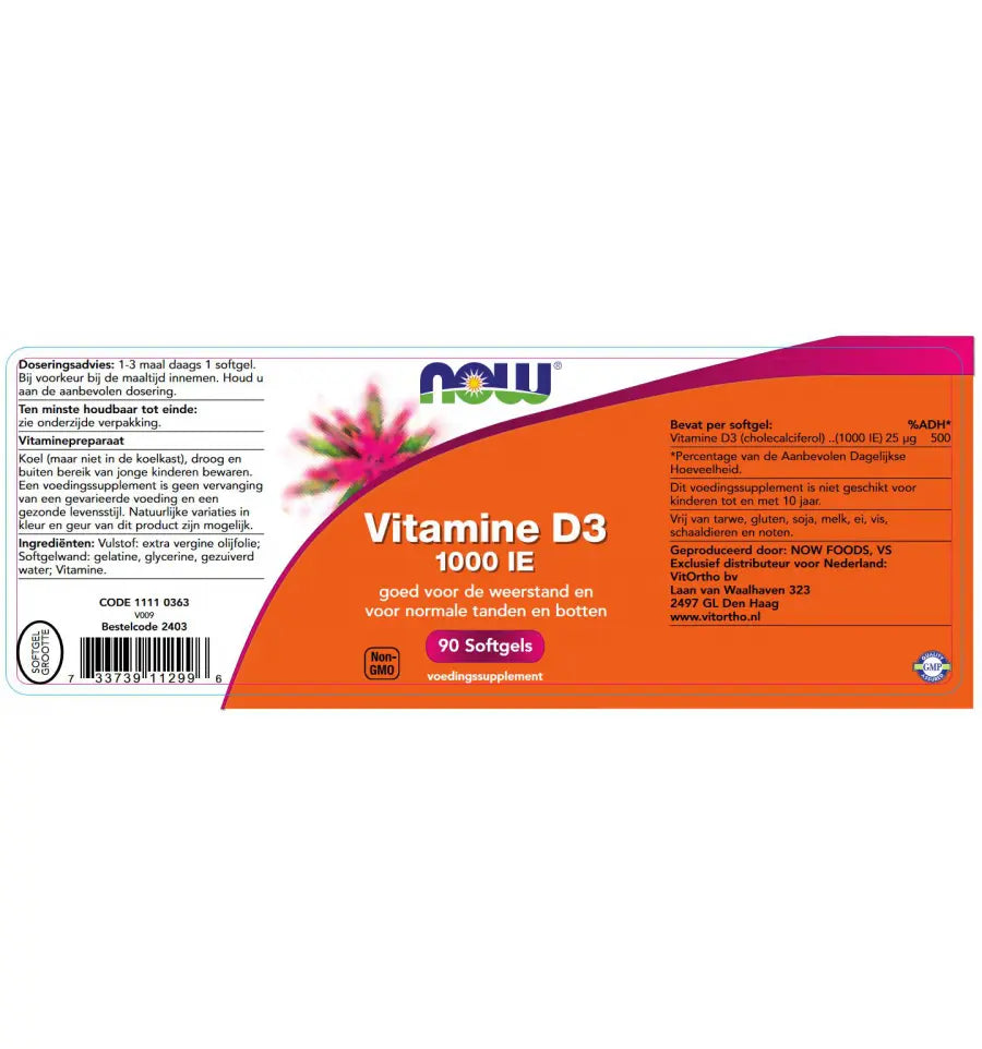 NOW Vitamine D3 25 mcg 90 softgels (afbeelding 2)