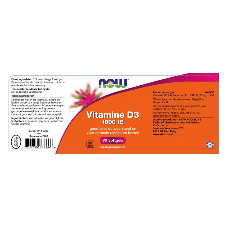 NOW Vitamine D3 25 mcg 90 softgels (afbeelding 2)