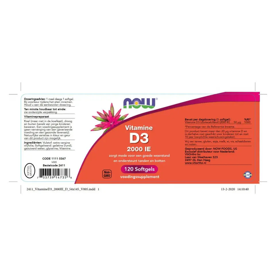 NOW Vitamine D3 50 mcg 120 softgels (afbeelding 2)