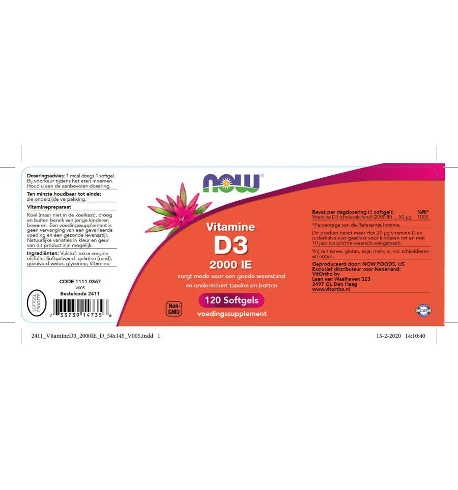 NOW Vitamine D3 50 mcg 120 softgels (afbeelding 2)