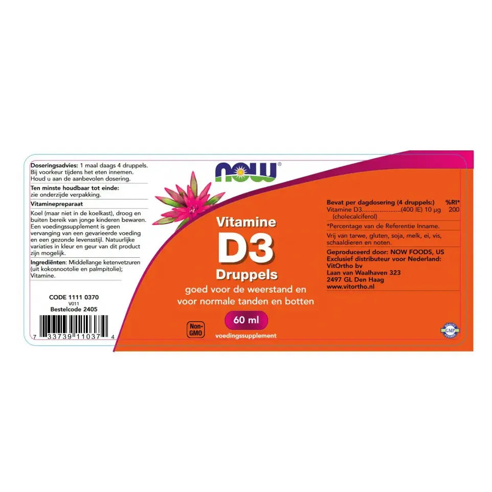 NOW Vitamine D3 druppels 10 mcg 60 ml