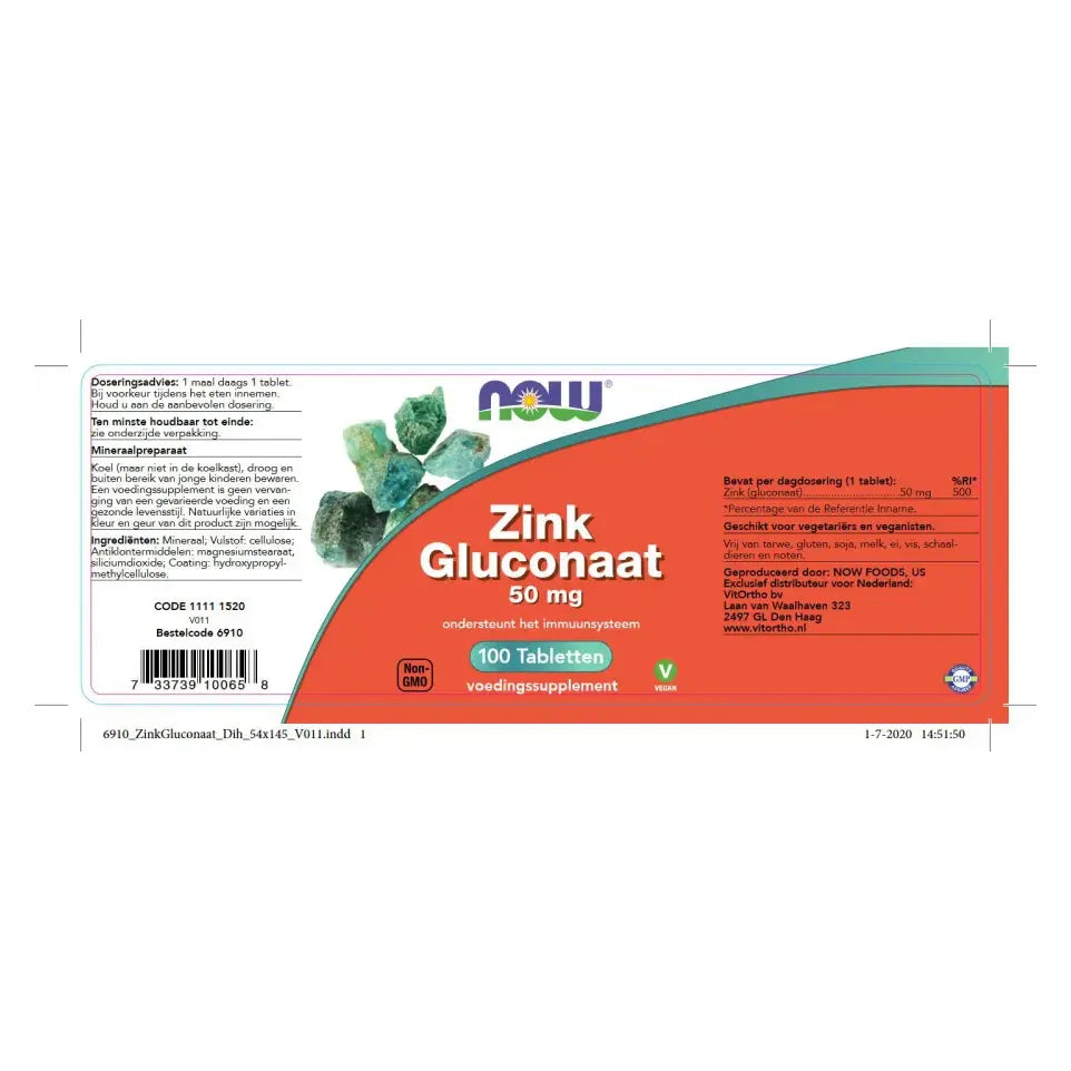 NOW Zink gluconaat 50 mg 100 tabletten