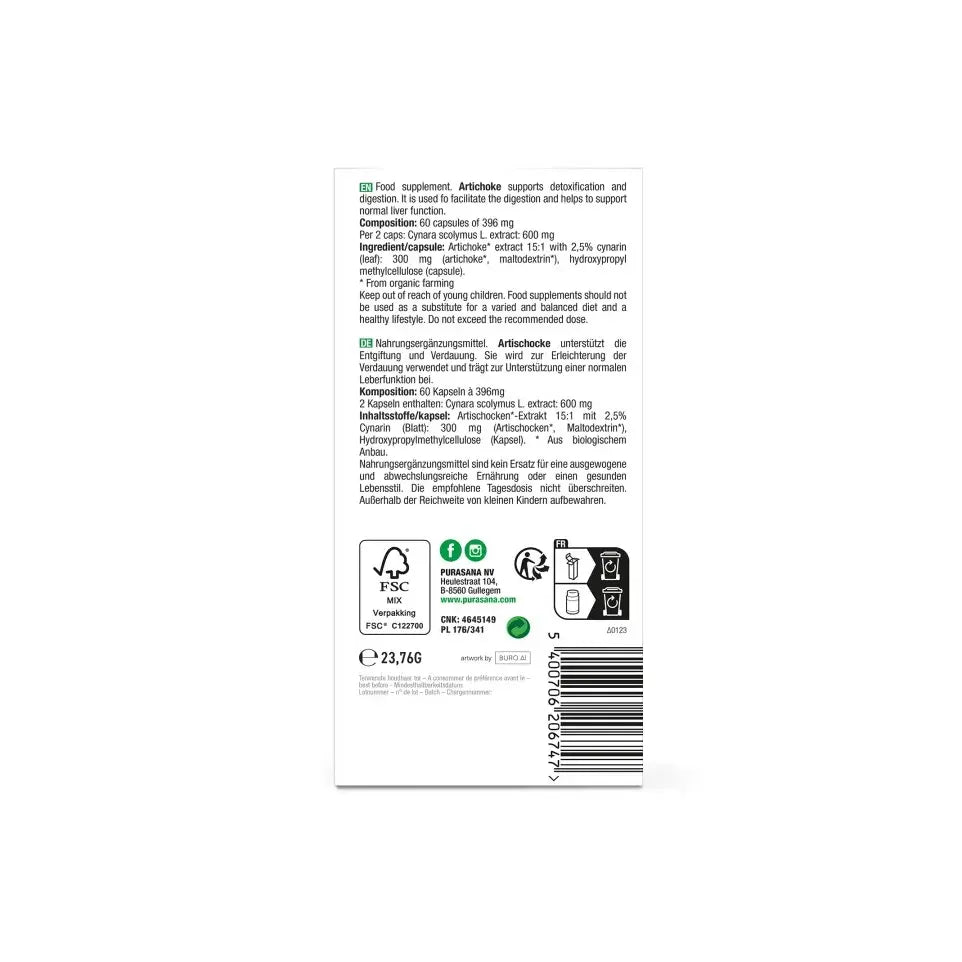 Purasana Artisjok extract bio 60 vcaps