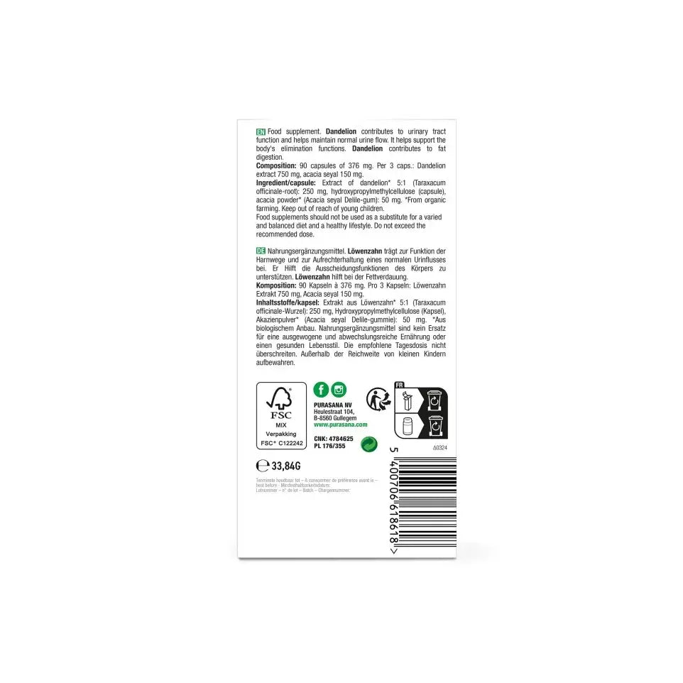 Purasana Paardenbloem extract 250 mg bio 90 vcaps