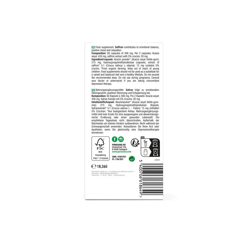 Purasana saffraan extract 15 mg biologisch 60 vcaps
