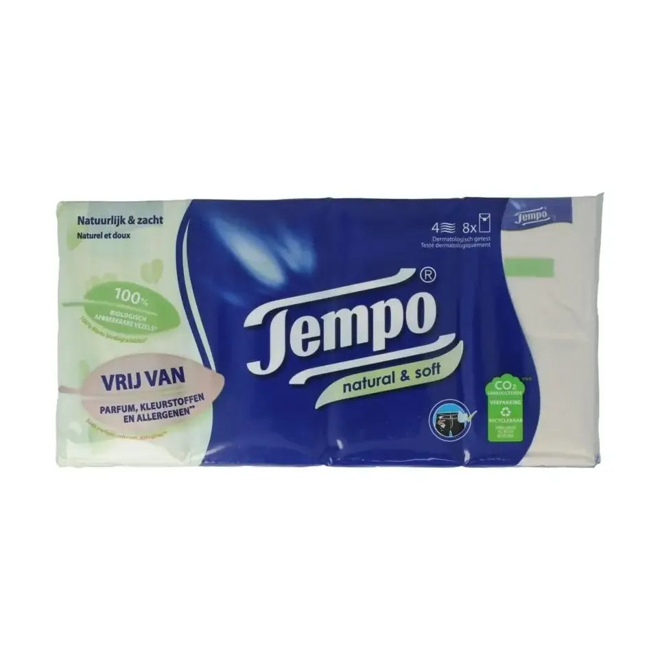 Tempo Natural & soft zakdoekjes 8 x 9 8 stuks