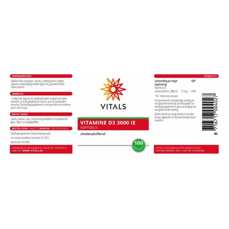 Vitals Vitamine D3 75 mcg 100 softgels (afbeelding 4)