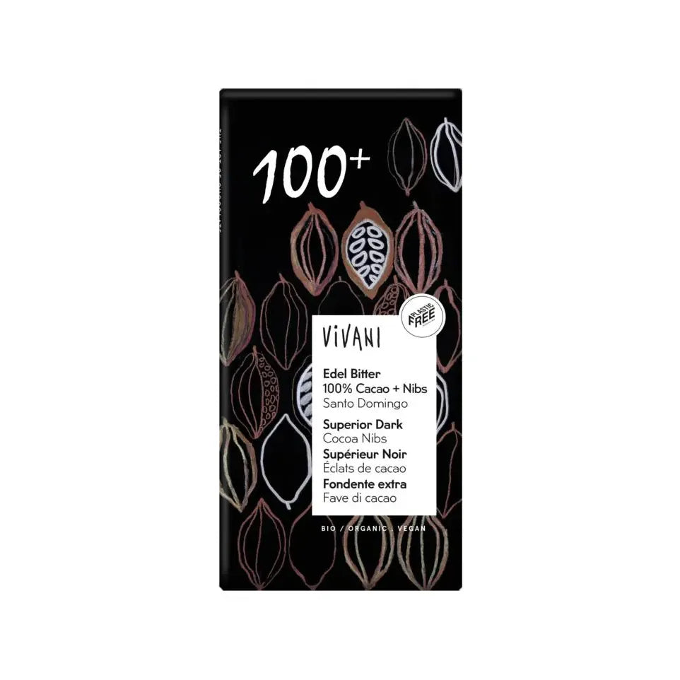 Vivani Chocolade puur superieur 100% + cacao nibs 80 gram