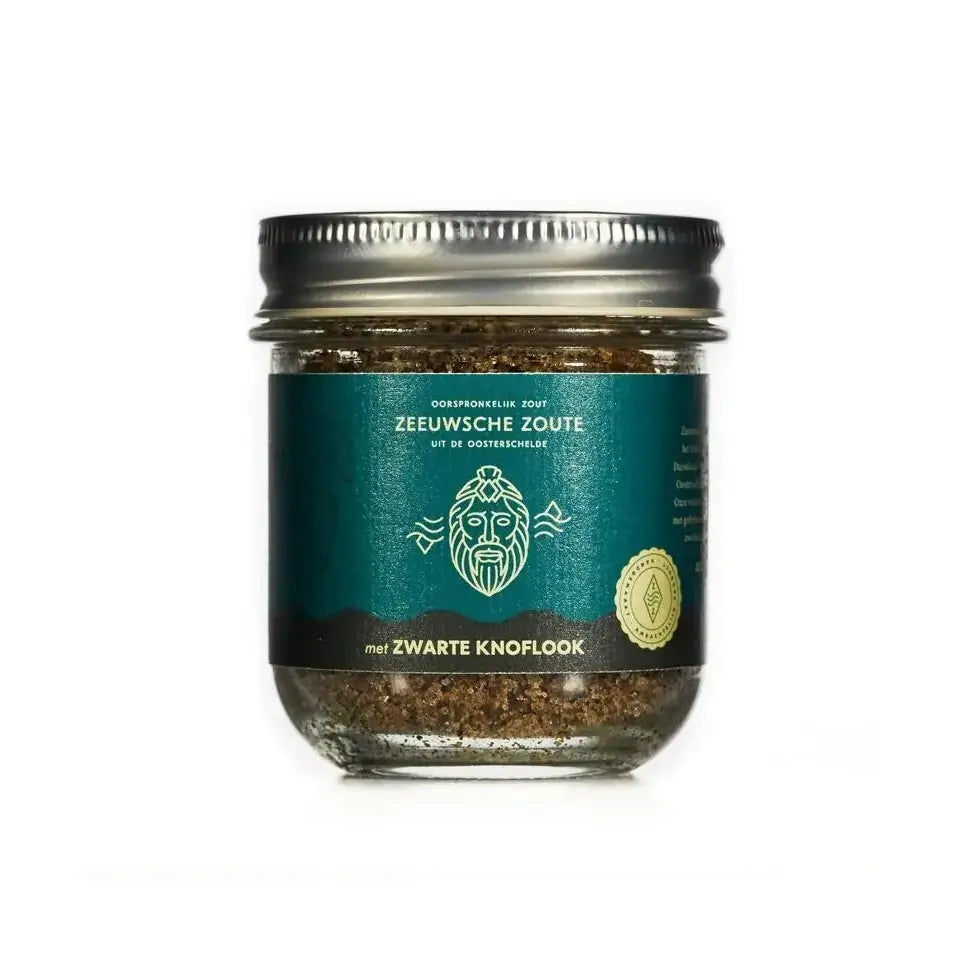 Zeeuwsche Zoute Zout met zwarte knoflook glazen pot biologisch